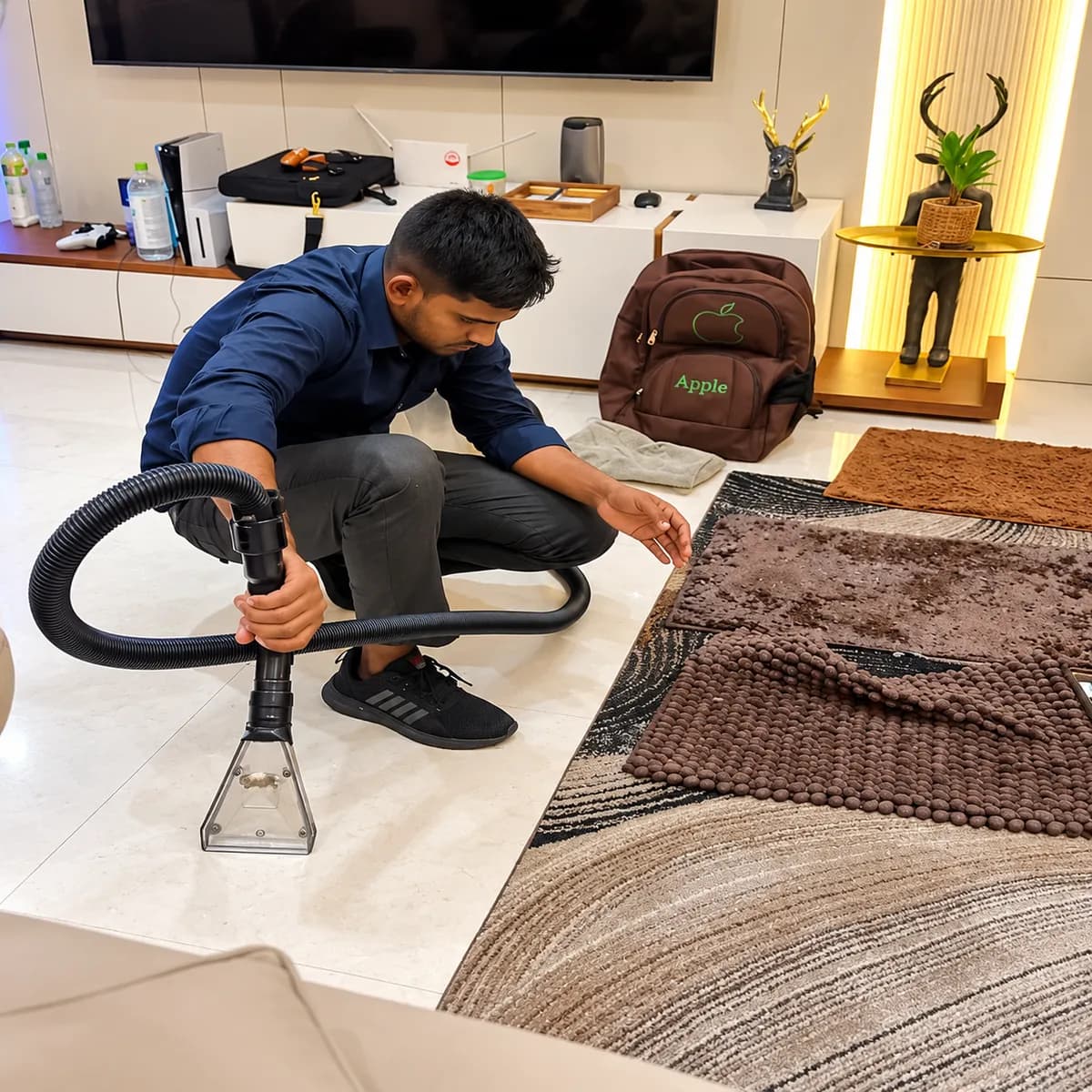Technician cleaning a living-room carpet and rugs with a carpet extraction machine